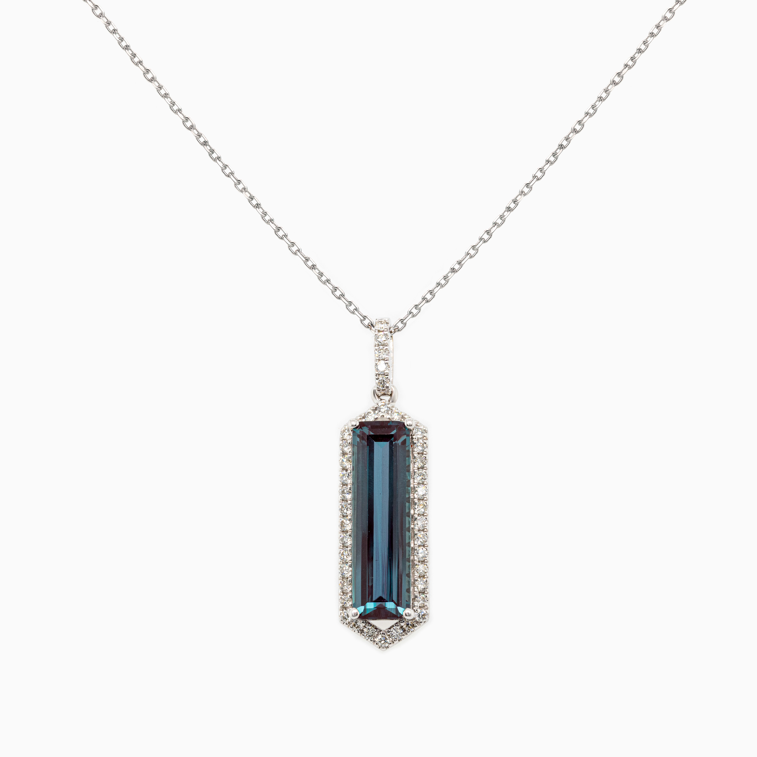 Art Deco Created Alexandrite and Natural Diamond Pendant, 14k White Gold