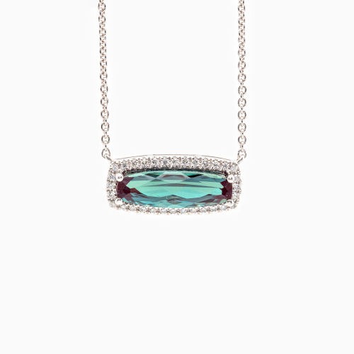 Created Alexandrite & Natural Diamond Halo Necklace, 14k White Gold