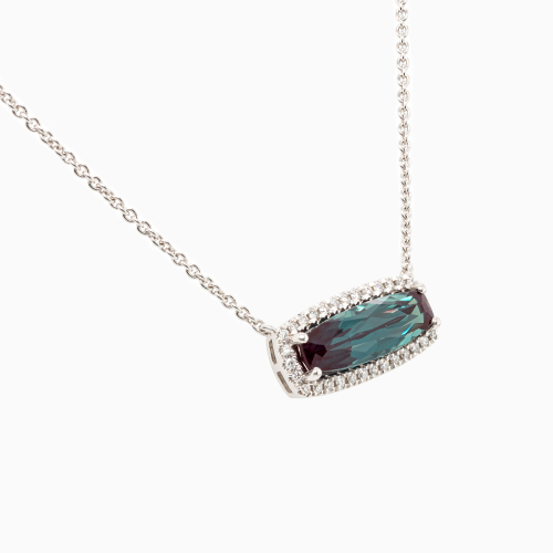 Created Alexandrite & Natural Diamond Halo Necklace, 14k White Gold