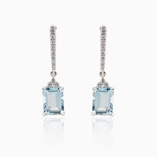 Natural Diamond and Aquamarine Dangle Earrings, 14k White Gold