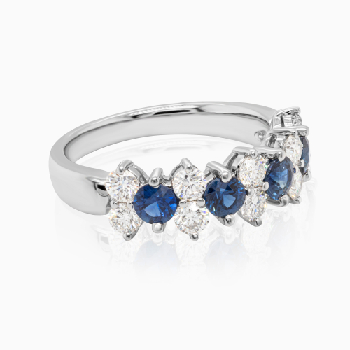 Alternating Natural Diamond & Blue Sapphire Band, 14k White Gold