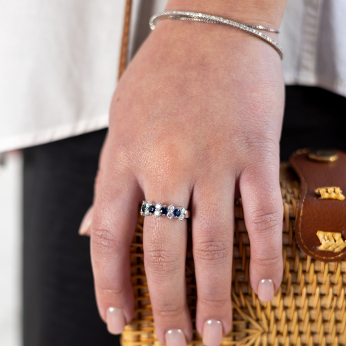 Alternating Natural Diamond & Blue Sapphire Band, 14k White Gold