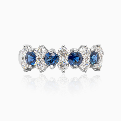 Alternating Natural Diamond & Blue Sapphire Band, 14k White Gold