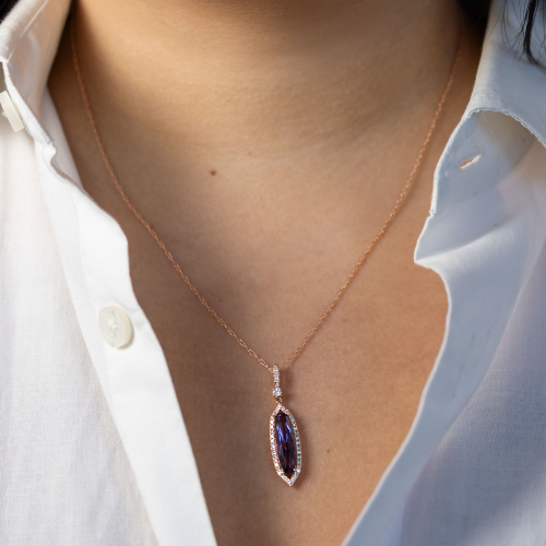Natural Diamond and Amethyst Pendant with Rope Chain, 14k Rose Gold