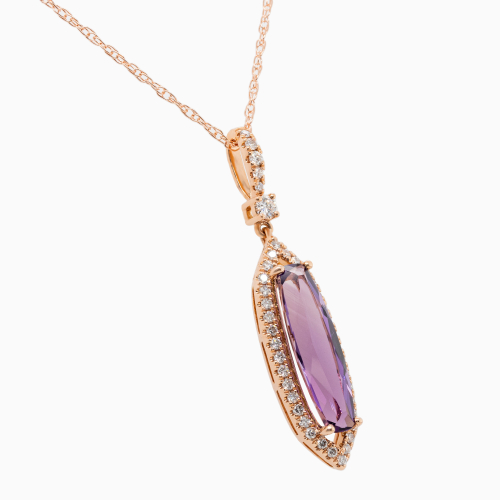 Natural Diamond and Amethyst Pendant with Rope Chain, 14k Rose Gold