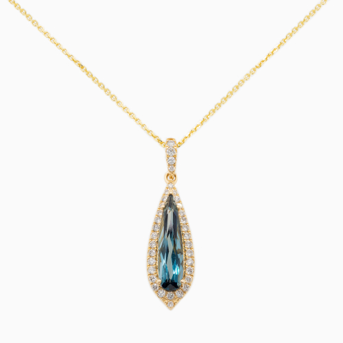 Natural Diamond and London Blue Topaz Drop Pendant with Chain, 14k Yellow Gold