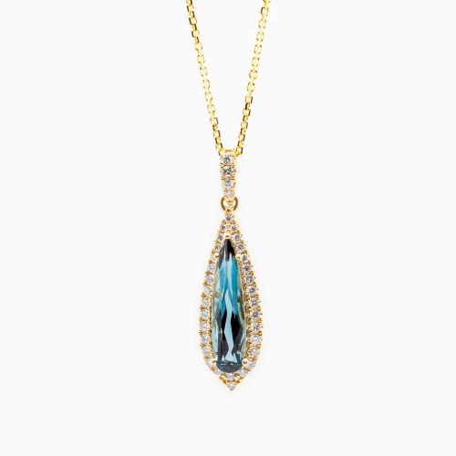 Natural Diamond and London Blue Topaz Drop Pendant with Chain, 14k Yellow Gold