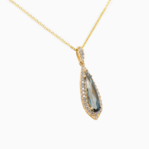 Natural Diamond and London Blue Topaz Drop Pendant with Chain, 14k Yellow Gold