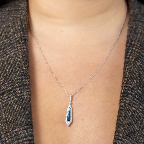 Art Deco Natural Diamond & London Blue Topaz Pendant, 14k White Gold