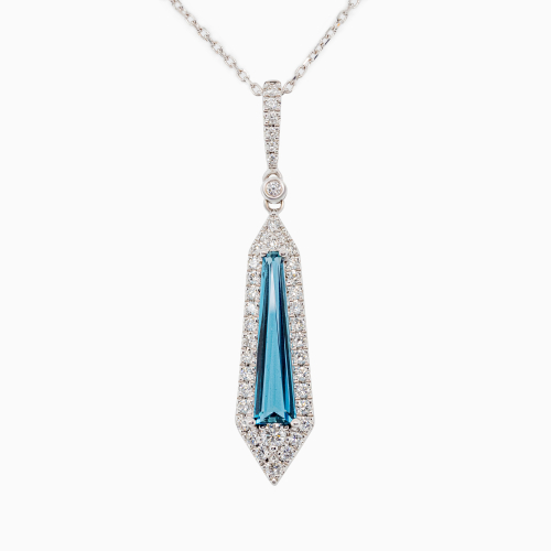 Art Deco Natural Diamond & London Blue Topaz Pendant, 14k White Gold