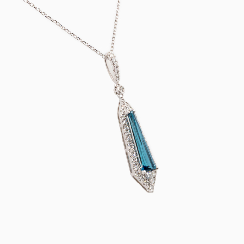 Art Deco Natural Diamond & London Blue Topaz Pendant, 14k White Gold