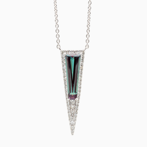 Natural Diamond and Created Alexandrite Art Deco Necklace, 14k White Gold