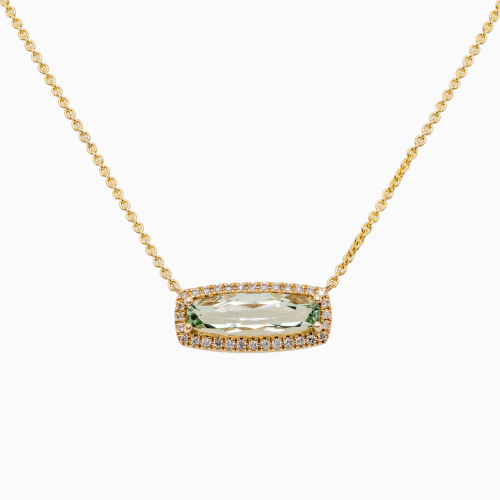 Natural Green Amethyst & Natural Diamond Halo Necklace, 14k Yellow Gold
