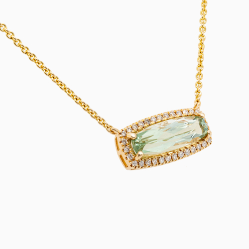 Natural Green Amethyst & Natural Diamond Halo Necklace, 14k Yellow Gold