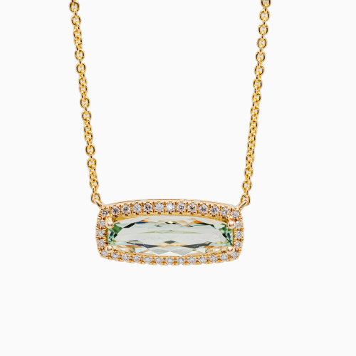 Natural Green Amethyst & Natural Diamond Halo Necklace, 14k Yellow Gold