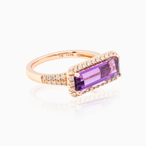 Baguette-cut Amethyst & Natural Diamond Fashion Ring, 14k Rose Gold