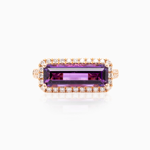 Baguette-cut Amethyst & Natural Diamond Fashion Ring, 14k Rose Gold
