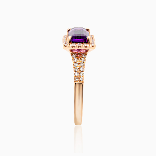 Baguette-cut Amethyst & Natural Diamond Fashion Ring, 14k Rose Gold