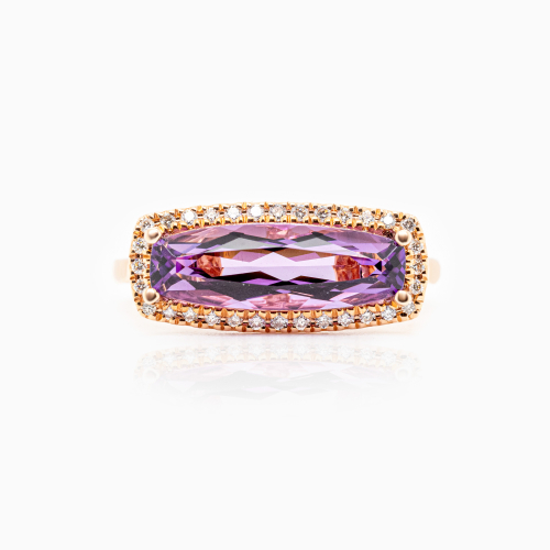 Cushion-cut Amethyst & Natural Diamond Designer Fashion Ring, 14k Rose Gold