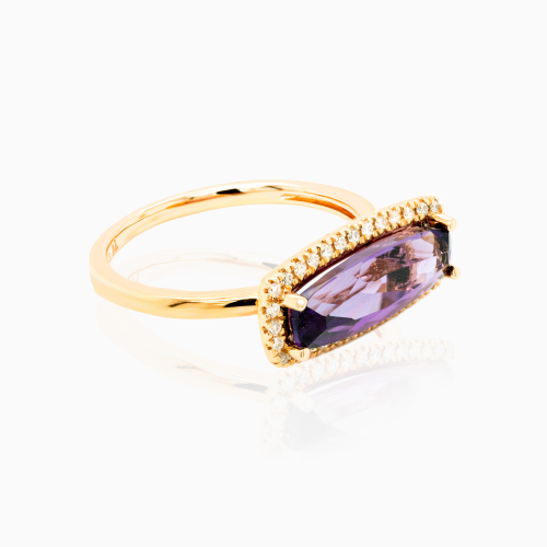 Cushion-cut Amethyst & Natural Diamond Designer Fashion Ring, 14k Rose Gold