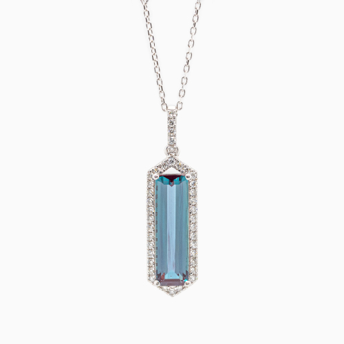 Art Deco Created Alexandrite and Natural Diamond Pendant, 14k White Gold