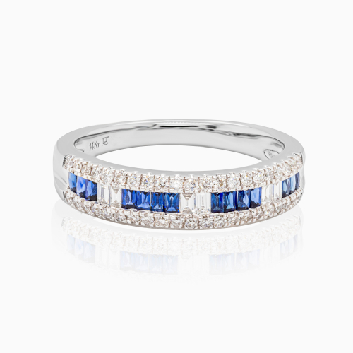 Channel Set Natural Diamond & Blue Sapphire Band, 14k White Gold