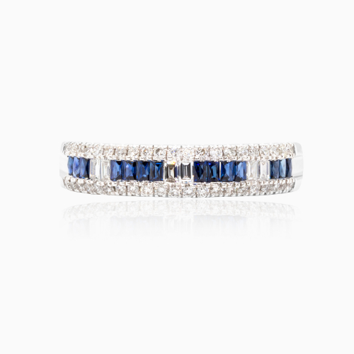 Channel Set Natural Diamond & Blue Sapphire Band, 14k White Gold