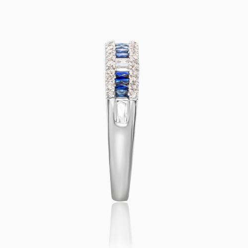 Channel Set Natural Diamond & Blue Sapphire Band, 14k White Gold