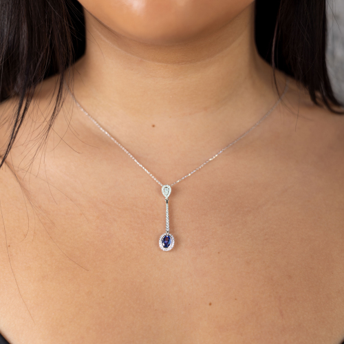 Natural Diamond and Tanzanite Lavaliere Necklace, 14k White Gold