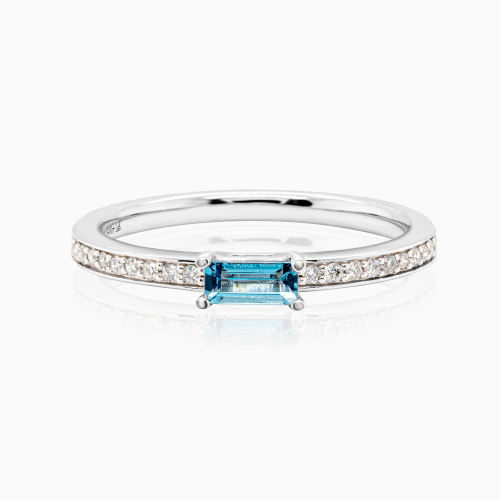 Natural London Blue Topaz with Diamond Accent Stackable Ring, 14k White Gold