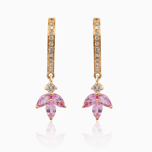 Natural Pink Sapphire Petal Earrings with Diamond Accents, 14K Yellow Gold