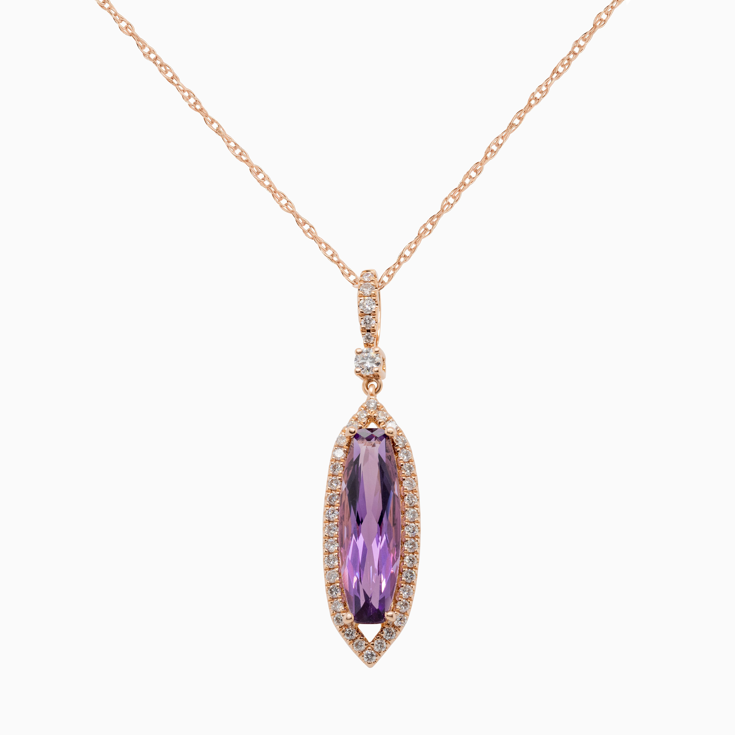 Natural Diamond and Amethyst Pendant with Rope Chain, 14k Rose Gold