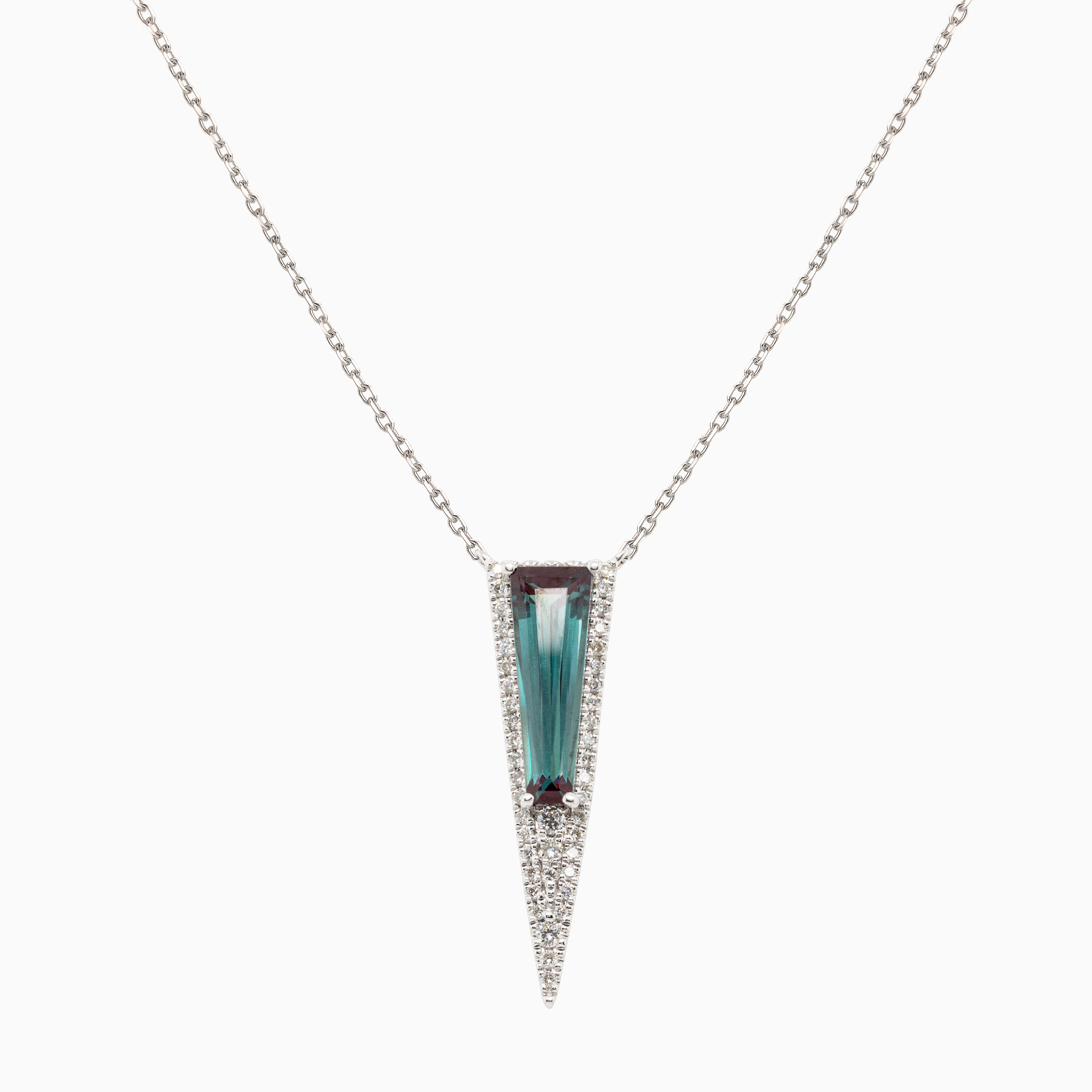 Natural Diamond and Created Alexandrite Art Deco Necklace, 14k White Gold