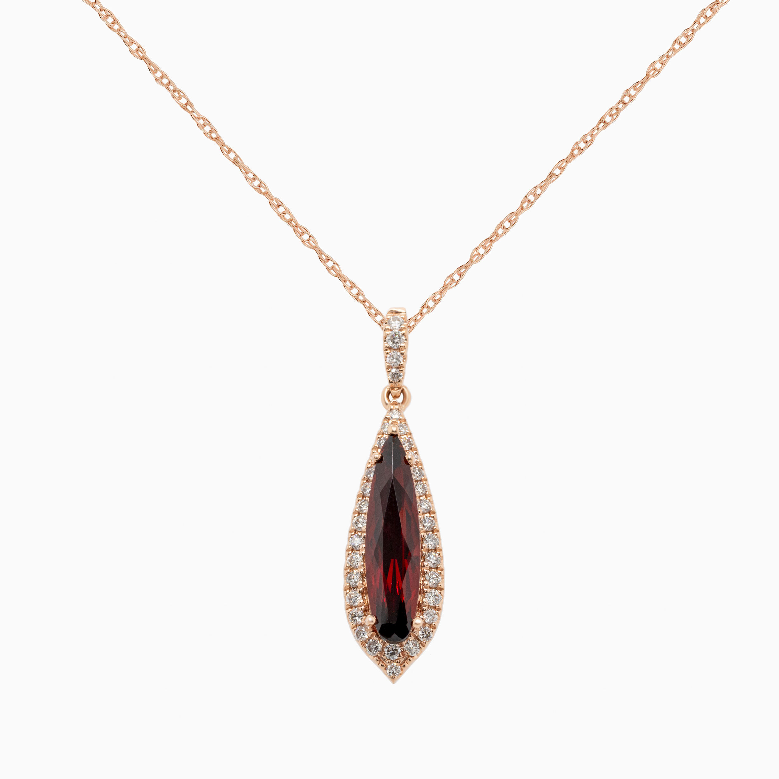Natural Diamond and Garnet Drop Pendant with Rope Chain, 14k Rose Gold