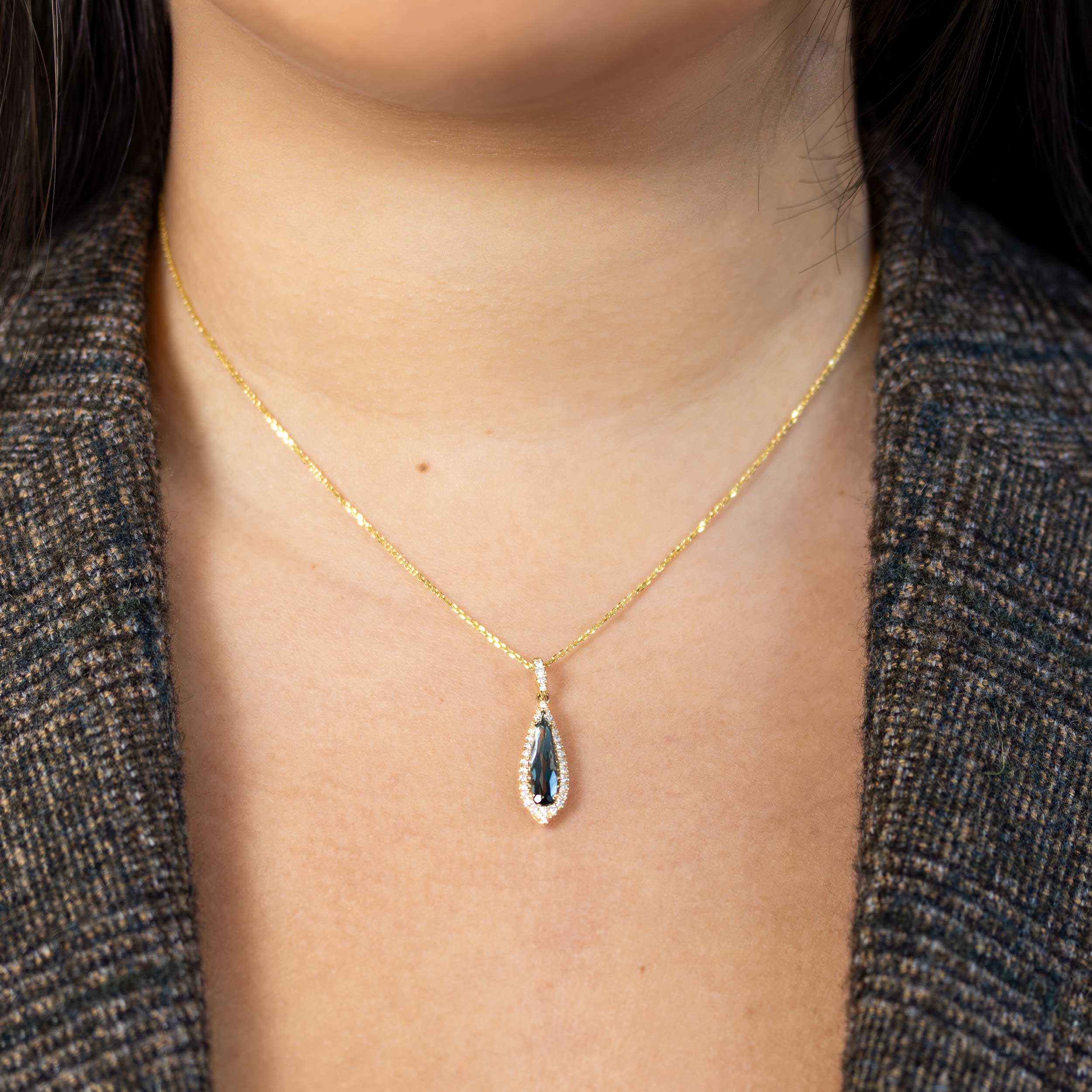 Natural Diamond and London Blue Topaz Drop Pendant with Chain, 14k Yellow Gold