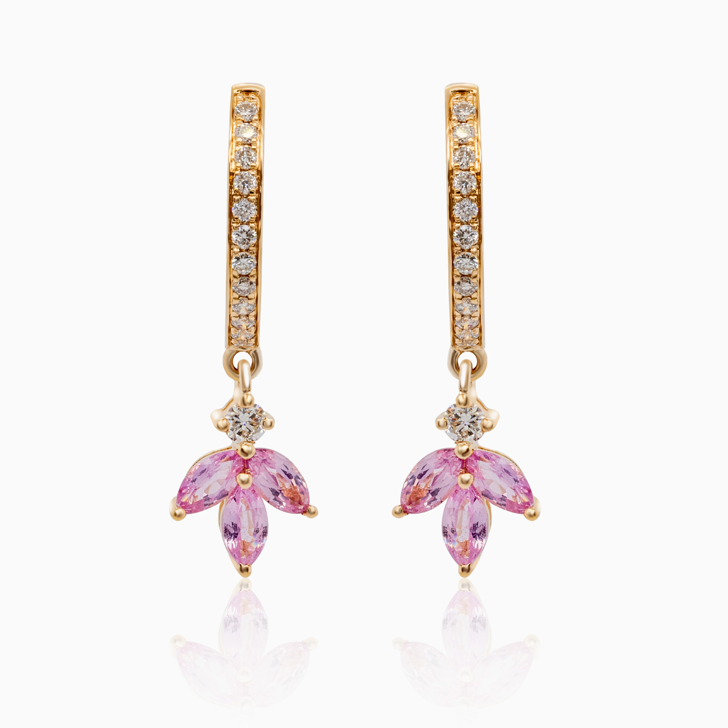 Natural Pink Sapphire Petal Earrings with Diamond Accents, 14K Yellow Gold