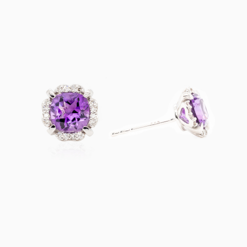 Natural Amethyst and Diamond Halo Stud Earrings, 14k White Gold