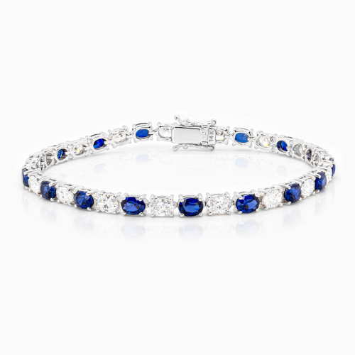 Lab-Grown Oval Blue Sapphire & Diamond Tennis Bracelet, 14k White Gold