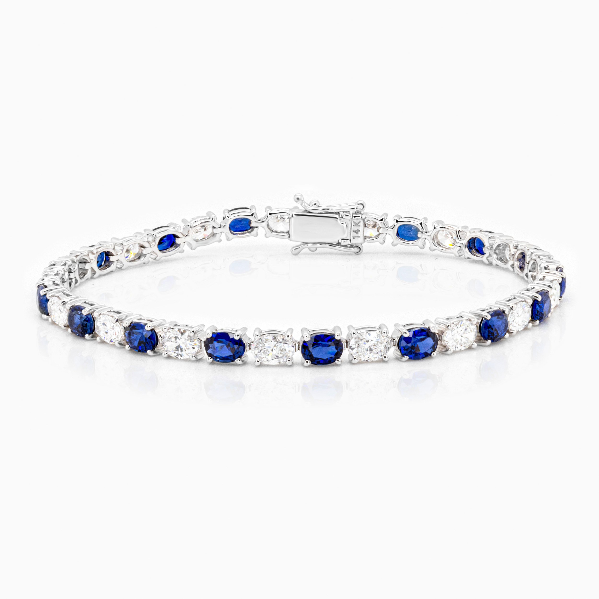 Lab-Grown Oval Blue Sapphire & Diamond Tennis Bracelet, 14k White Gold