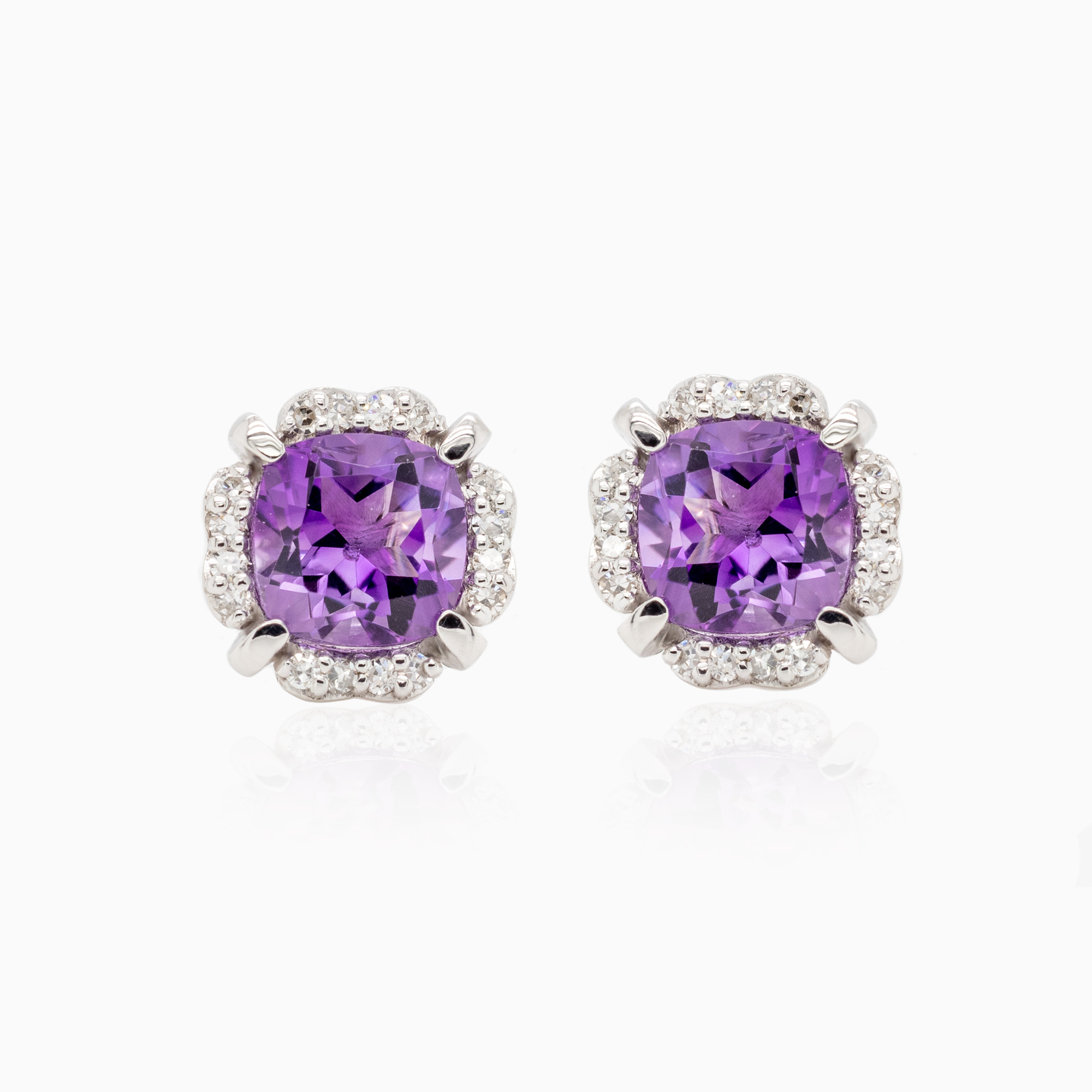 Natural Amethyst and Diamond Halo Stud Earrings, 14k White Gold