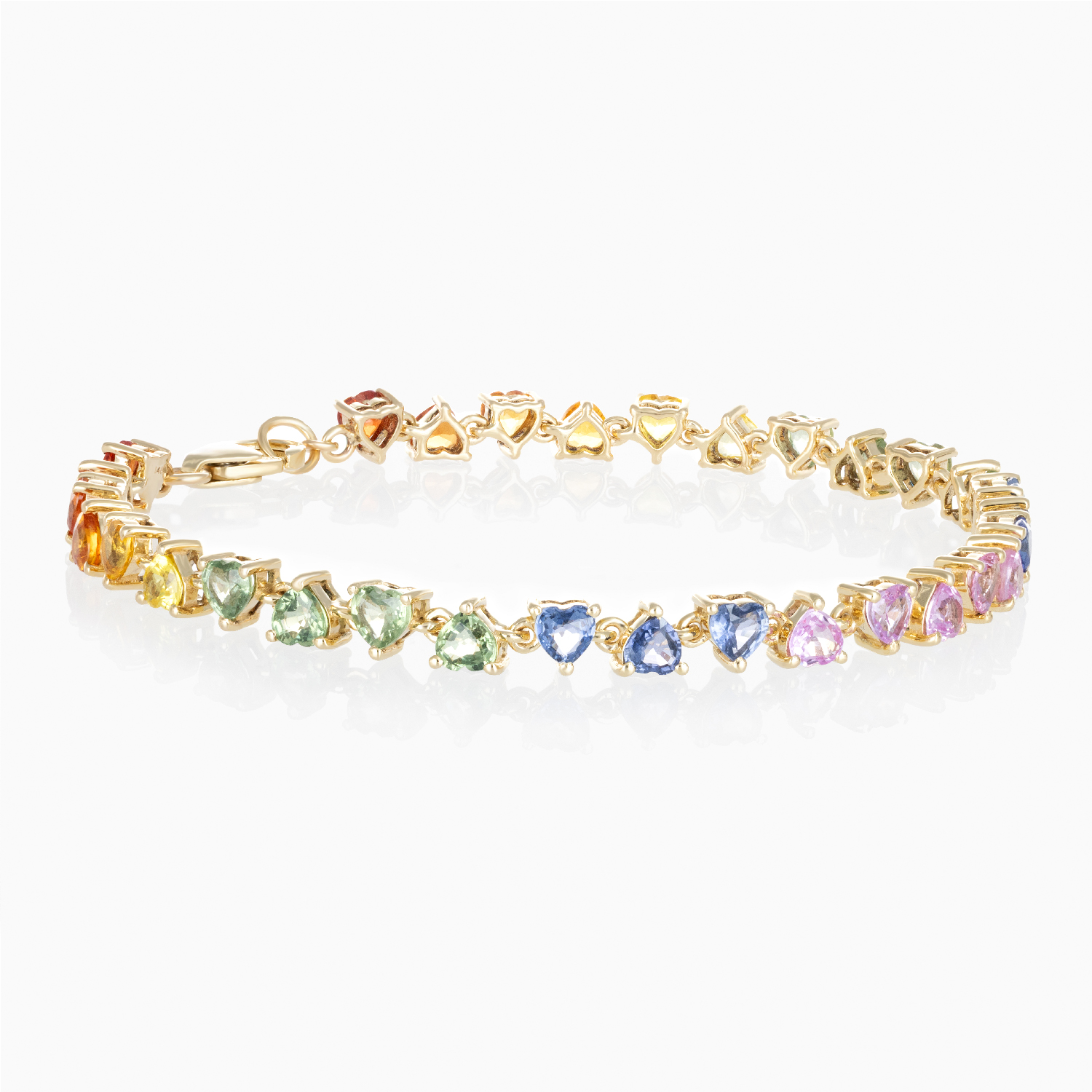 Heart-Shaped Multi-Color Natural Sapphire Bracelet, 14k Yellow Gold