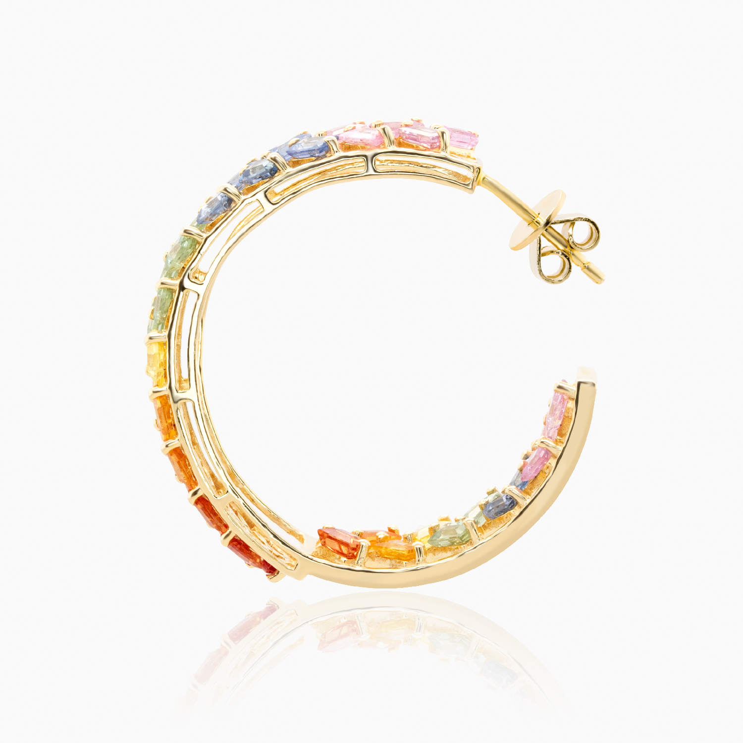 Natural Multi-Color Sapphire Hoop Earrings, 14k Yellow Gold