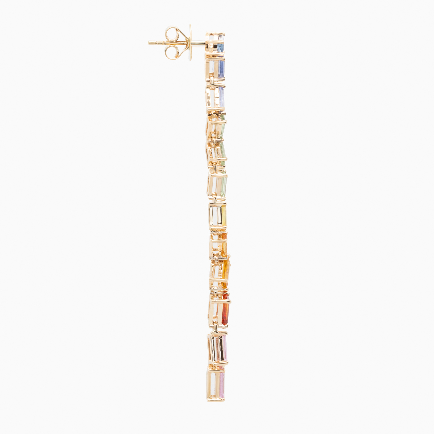 Multi-Color Sapphire Baguette Cascade Earrings, 14k Yellow Gold