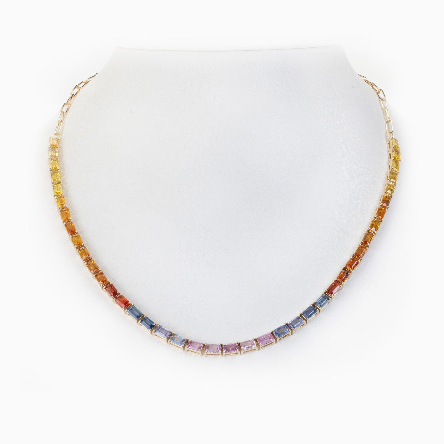 Natural Multi-Sapphire Tennis Necklace, 14k Yellow Gold