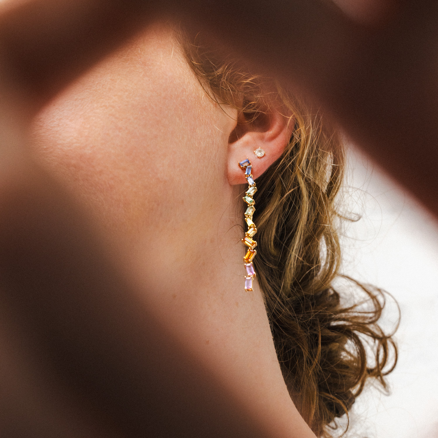 Multi-Color Sapphire Baguette Cascade Earrings, 14k Yellow Gold