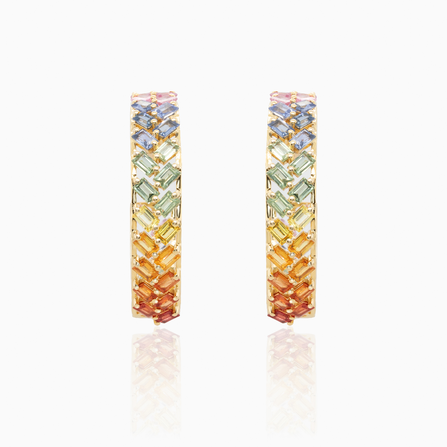 Natural Multi-Color Sapphire Hoop Earrings, 14k Yellow Gold