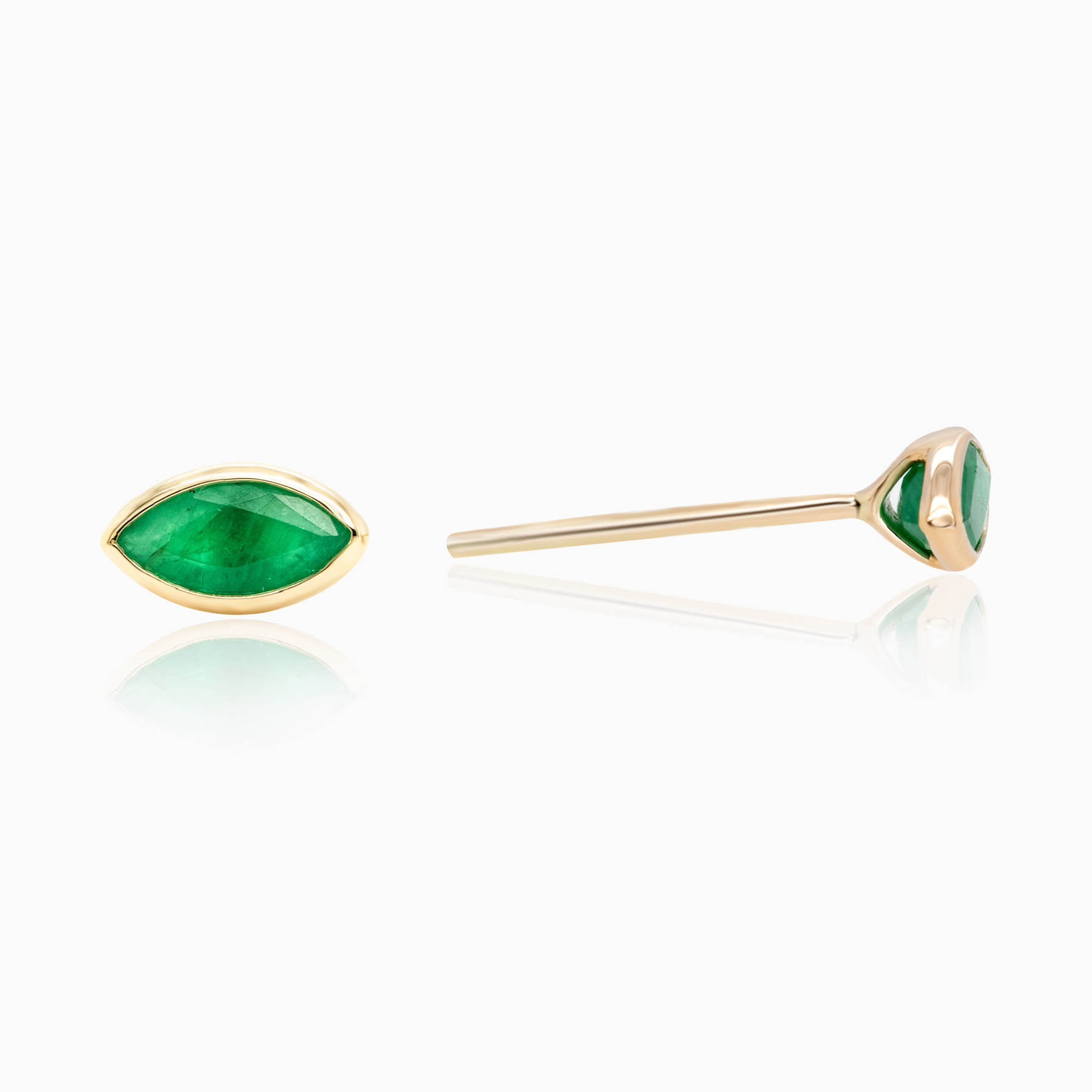 Natural Marquise Emerald Stud Earrings, 14k Yellow Gold