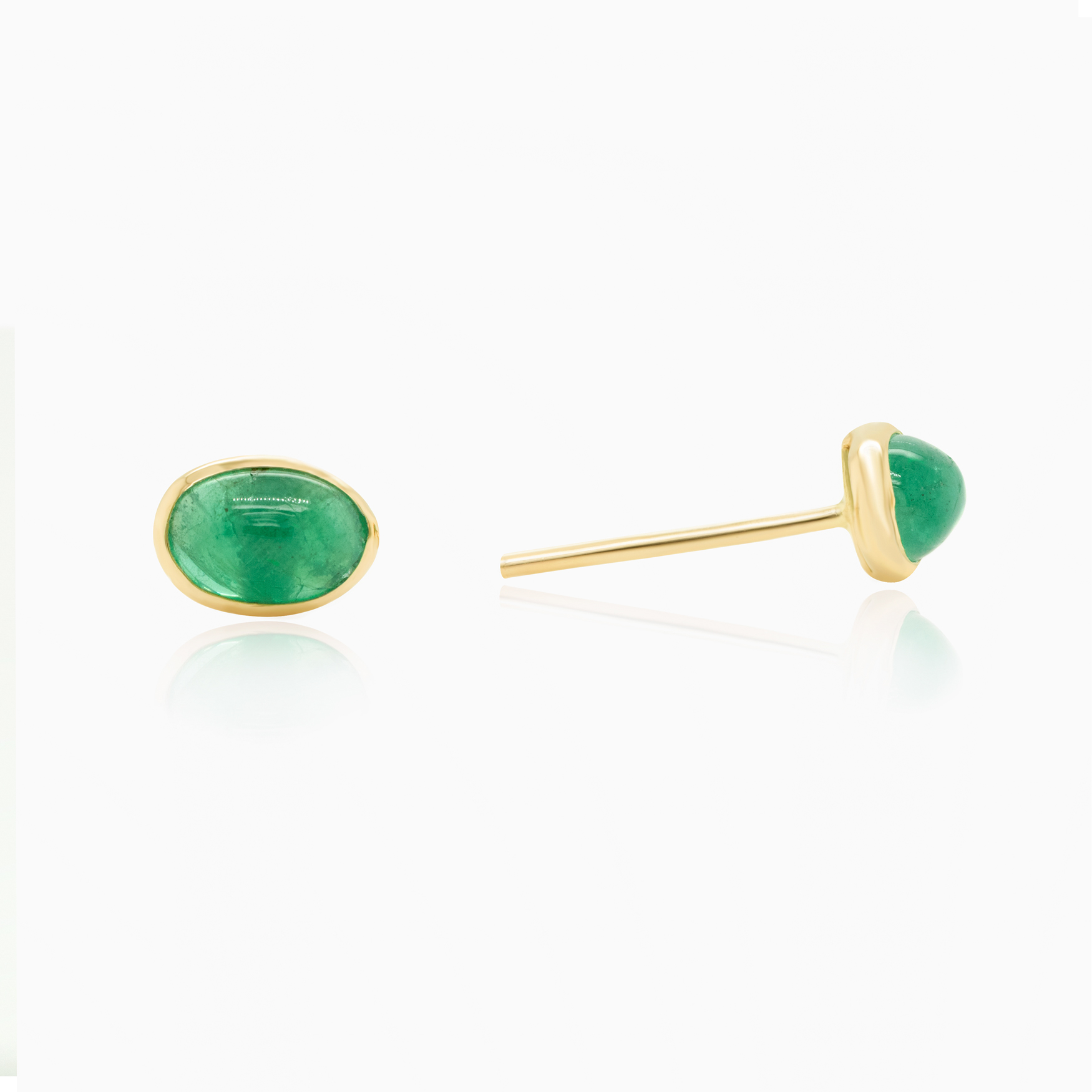 Cabochon-cut Natural Emarald Stud Earrings, 14k Yellow gold