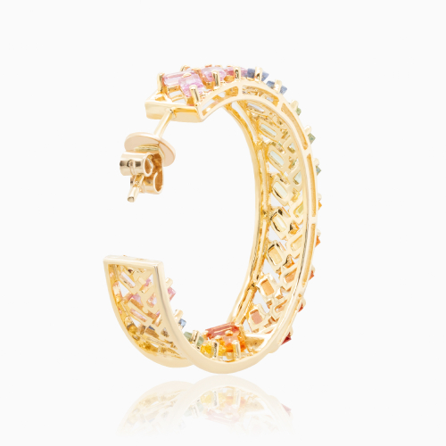 Natural Multi-Color Sapphire Hoop Earrings, 14k Yellow Gold