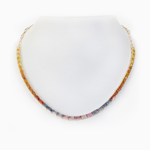 Natural Multi-Sapphire Tennis Necklace, 14k Yellow Gold